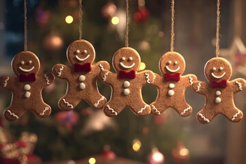 Five gingerbread cookies hang for Christmas celebrations.