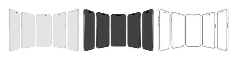 Realistic Smartphone Mockup Set Vector – White, Black and Outline Mobile Phone Frames with Side Views and Perspective Angles, Blank Screen Device Template Isolated on White Background