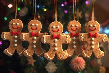 Five smiling gingerbread man cookies hang on a Christmas tree.
