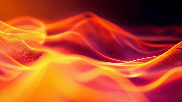 Flowing digital waves of glowing red orange particles form a vibrant, futuristic terrain suggesting data streams, sound or liquid motion in a high tech visualization