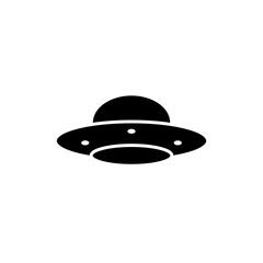 Black silhouette icon of a UFO flying saucer. Minimalist alien spaceship symbol with lights. Isolated simple vector illustration of an extraterrestrial spacecraft on a white background.