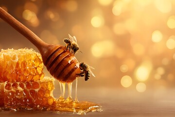 Bees gather sweet honey from dripping honeycomb on wooden spoon