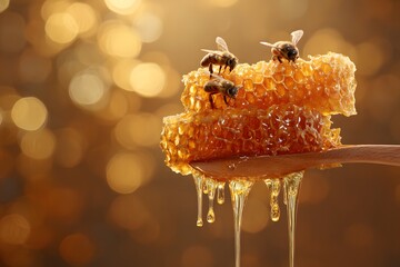 Bees crawl on fresh honeycomb dripping sweet honey.