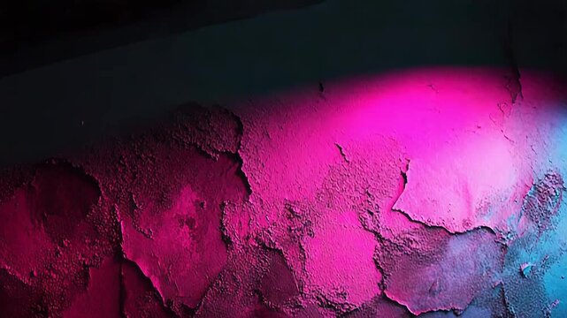 Deep pink and vibrant blue light illuminating a decayed wall with peeling paint, revealing a vibrant grunge surface and rough eroded texture creating an abstract backdrop