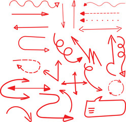Collection of various hand drawn red arrows and pointers indicating direction and flow in a simple design.