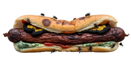 Close-up of a repulsive, unappetizing hot dog covered in buzzing flies, with a bun that appears stale and burnt