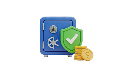 Secure Blue Metal Safe with Green Shield Icon and Stack of Gold Coins on Transparent Background for Financial Security and Investment Concepts