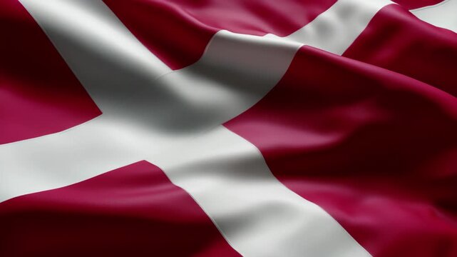Close-up of a Waving Danish Flag with Red and White Cross Pattern Denmark national