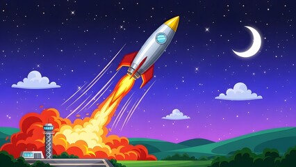 Rocket Launch Night Sky Scene with Clouds and Moon.