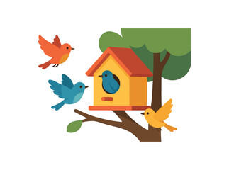 Flat vector illustration of colorful birdhouse on tree with vivid songbirds flying and rounded shapes minimal details clean white background