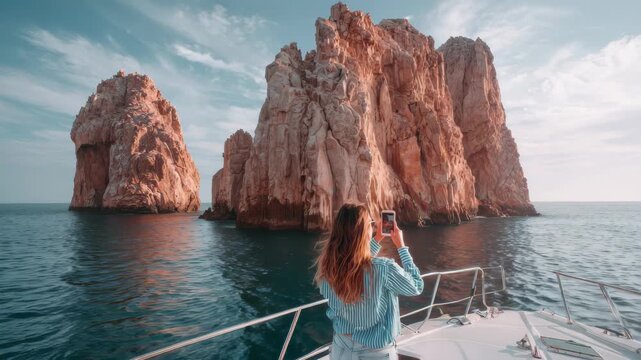 Woman on a boat taking photo of rock formations in the ocean travel yacht