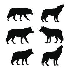 A collection of black wolf silhouettes in various poses and angles