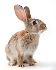Fototapeta premium Rabbit sitting on white surface with alert expression and raised ears during indoor setting