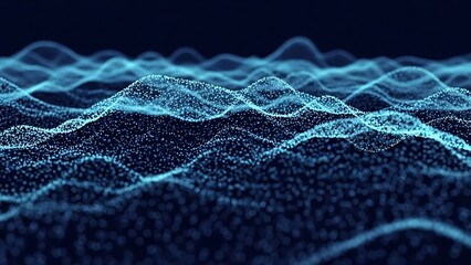 Abstract flowing digital particles in blue and teal creating a dynamic undulating wave pattern on a dark background representing data and technology