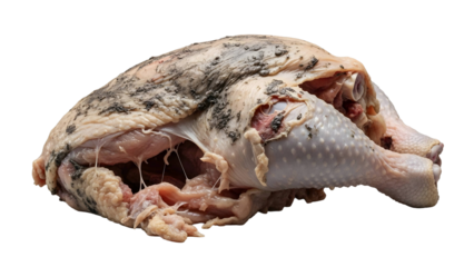 Raw plucked chicken carcass with visible dark areas and skin changes, indicating potential spoilage and unsuitability for consumption, isolated on white background