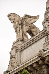 Sculpture and architectural decorations on the exterior walls of Milano Centrale (Milan Central)...