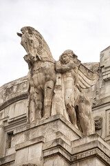 Sculpture and architectural decorations on the exterior walls of Milano Centrale (Milan Central) railway station