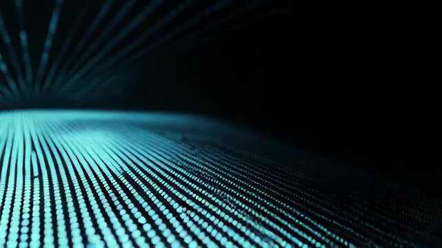 Digital grid representing data flow and network connections, using an abstract pattern of blue illuminated dots on a dark background for technology concepts
