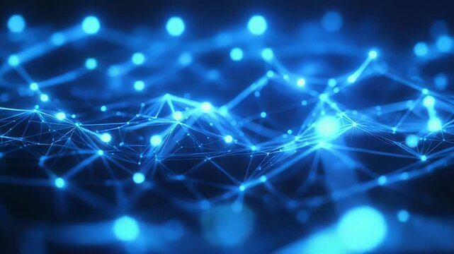 Digital network of glowing blue nodes and lines forming an abstract web that visualizes global data flow, ai, and big data connections for technology and cyberspace themes