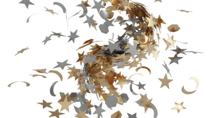 Falling golden and silver star confetti isolated on transparent background