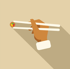 Hand holding a piece of sushi with chopsticks, illustrating asian cuisine concepts
