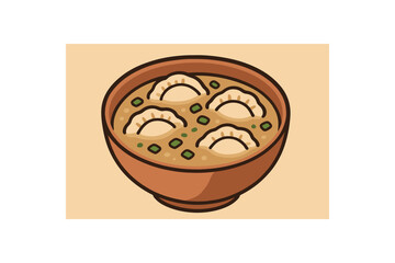 Flat vector illustration of bowl of dumpling soup with green onion soft rounded shapes clean outline cozy food style