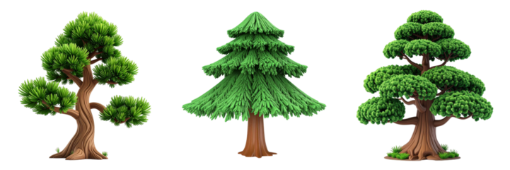 Pixel Art Trees Trio Green Foliage And Brown Trunks On Transparent Background