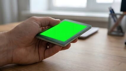 Person Holding Smartphone with Green Screen in Office.