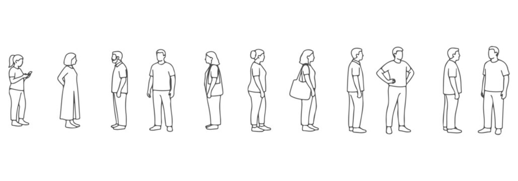 CAD side view of people standing. Phone use, hands behind back, hands on hips, carrying bag, neutral stance, leaning slightly, relaxed arms. Vector illustration