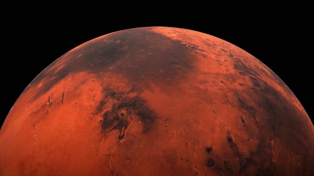 Mars planet rotating on a black background, high detailed and realistic surface of Mars, scientific background, 4k seamless animation.