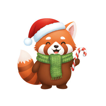 an illustration of a smiling red panda holding a candy in christmas