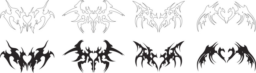 Abstract tribal bat silhouettes with sharp symmetrical wings and dark edgy style. Bold gothic shapes create a powerful fantasy and metal inspired look. Ideal for tattoos, logos, posters, and horror de