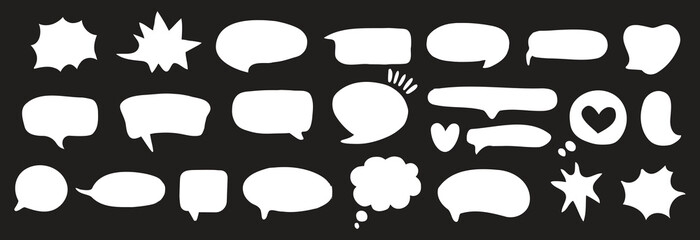 Fototapeta premium Comic speech bubble set with various shapes for dialogue and thoughts. Clean white chat balloons on dark background suit comics and messaging designs. Ideal for pop art, stickers, and graphic layouts.