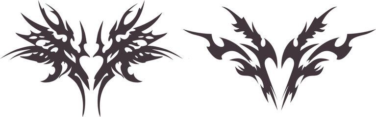 Tribal bat wing emblems with sharp symmetrical shapes and dark fantasy style. Aggressive gothic silhouettes create a bold tattoo and metal logo aesthetic. Perfect for horror, occult, and edgy graphic 