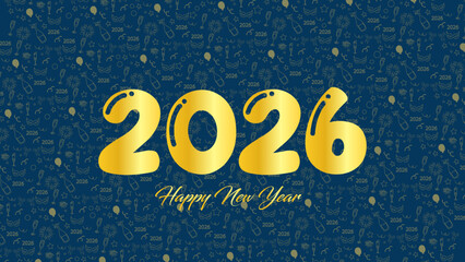 A modern and elegant New Year greeting banner featuring stylish blue and gold calligraphy, soft abstract curves, glowing highlights, and a clean minimalist white background.