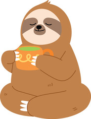 Obraz premium Relaxing Sloth Drinking Hot Tea, Funny Brown Sloth Holding a Cup of Tea illustration