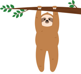 Obraz premium Funny Brown Sloth Cartoon Hanging Itself on Tree Branch, Happy Sloth Holding on Tree Branch illustration