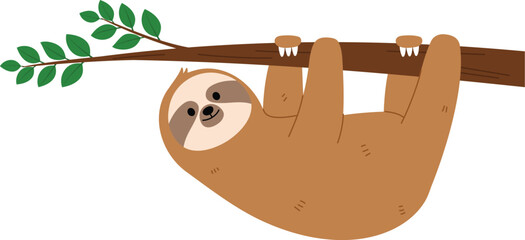 Funny Brown Sloth Cartoon Hanging Itself on Tree Branch, Happy Sloth Climbing on Tree illustration