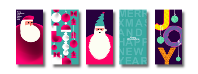 vector illustration of an abstract background with colorful elements, A vibrant collection of five modern Christmas-themed banners featuring abstract designs. Each banner showcases festive elements