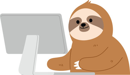 Obraz premium Funny cute sloth working with computer, Smile slowly sloth using pc illustration 