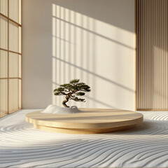 障子の影が落ちる白砂の庭と木製のポディウム。侘び寂びを感じる禅スタイルの3D商品展示用素材。 (Wooden podium with Shoji screen shadow on white sand garden. Zen style 3D product display with Wabi-Sabi atmosphere.)