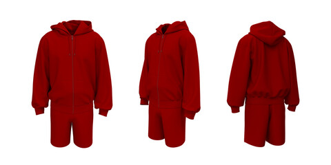 Men’s Sports Full-Zip Hoodie with Shorts Mockup. Front, Side, Back Views  © Febriana