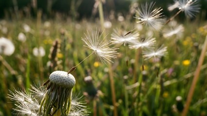 Close-Up of Dandelion Seeds Floating in the Air.