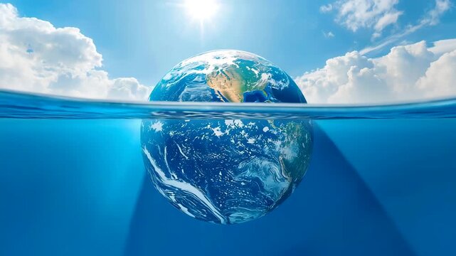 Planet earth partially submerged underwater with visible ocean surface and bright sky above