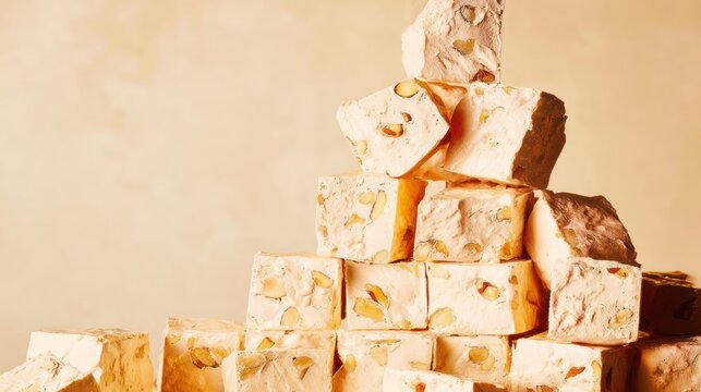 Stacked nougat cubes with nuts on a light background studio shot