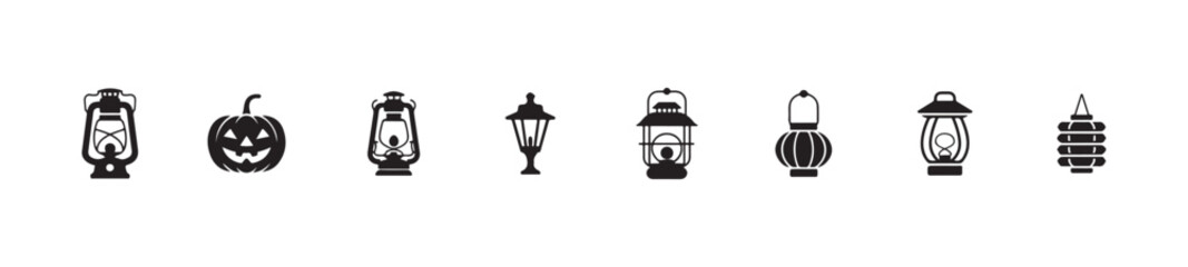 Set of black and white halloween and lantern icons, vector illustration of different types of lamps