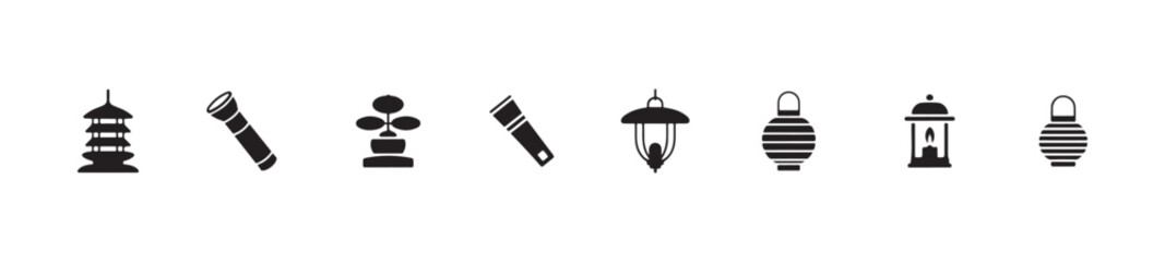 Set of black and white lantern and flashlight icons, vector illustration of different portable light sources