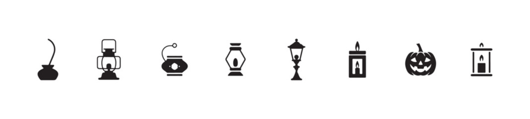 Set of black and white light and candle holder icons, vector illustration of different lighting elements