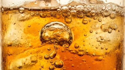 Close-up of Carbonated Soft Drink with Ice Bubbles.