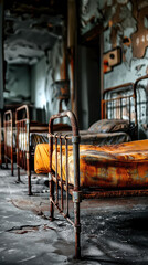 Rusty metal beds in abandoned hospital ward with eerie lighting